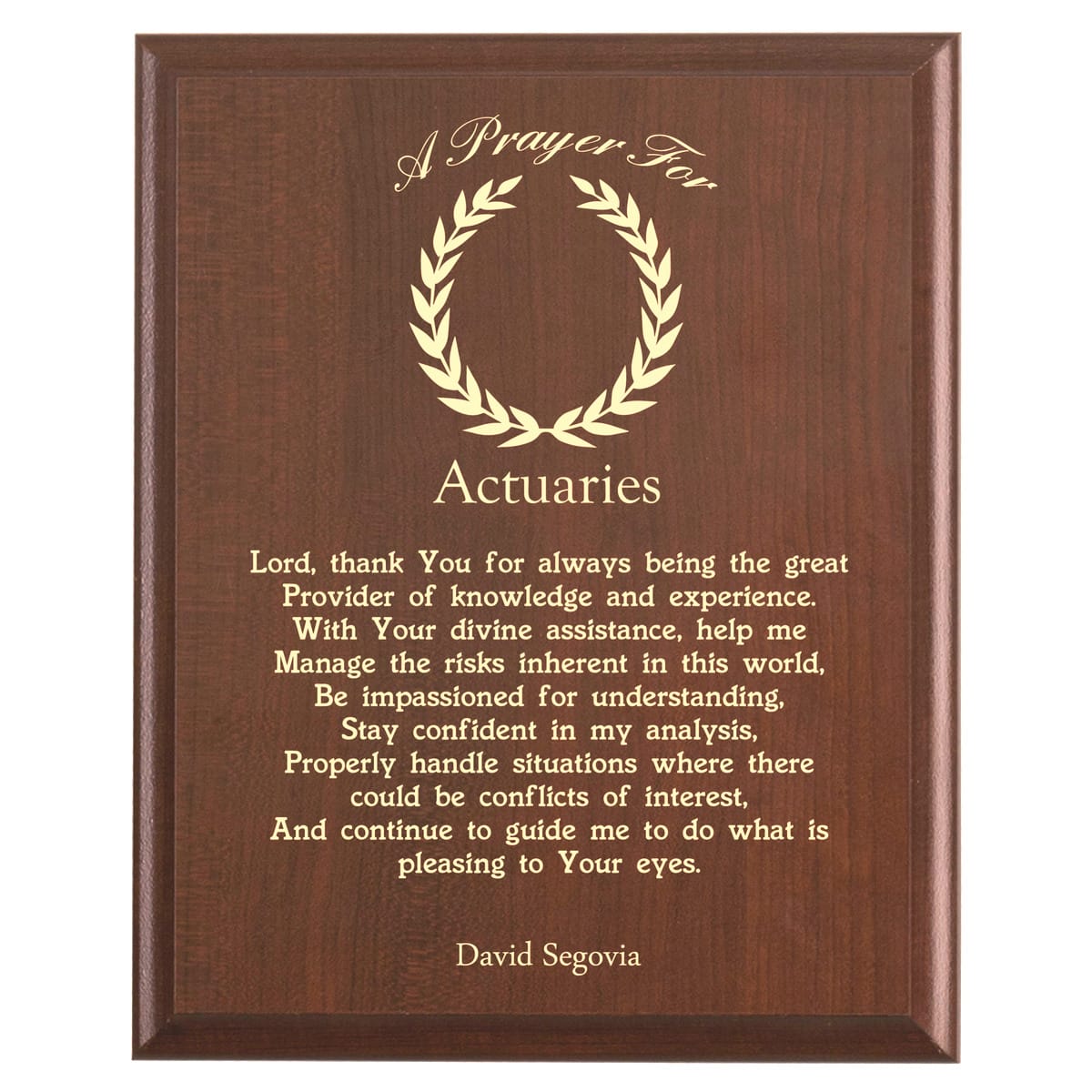 Plaque photo: Actuary Prayer Plaque design with free personalization. Wood style finish with customized text.