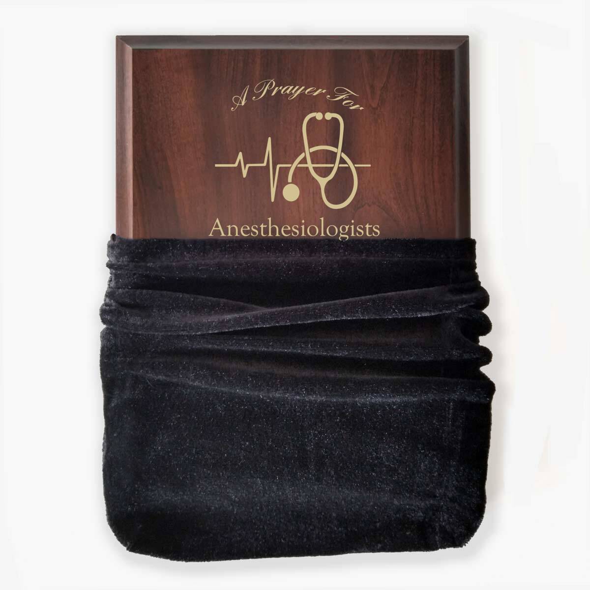 Photo of plaque inside the optional velvet gift bag, showing some of the printed design.