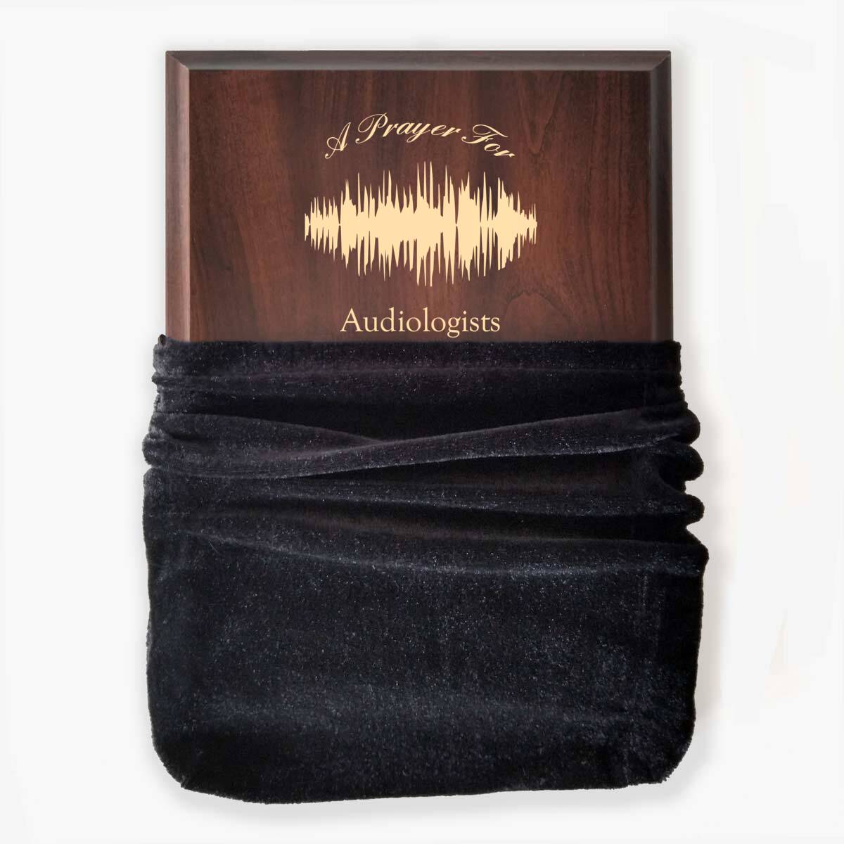 Photo of plaque inside the optional velvet gift bag, showing some of the printed design.