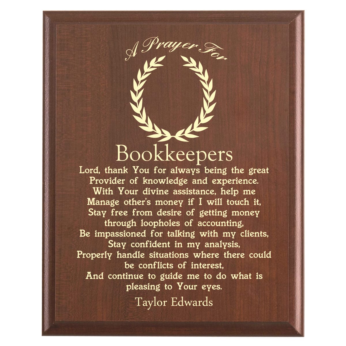 Plaque photo: Bookkeepers Prayer Plaque design with free personalization. Wood style finish with customized text.