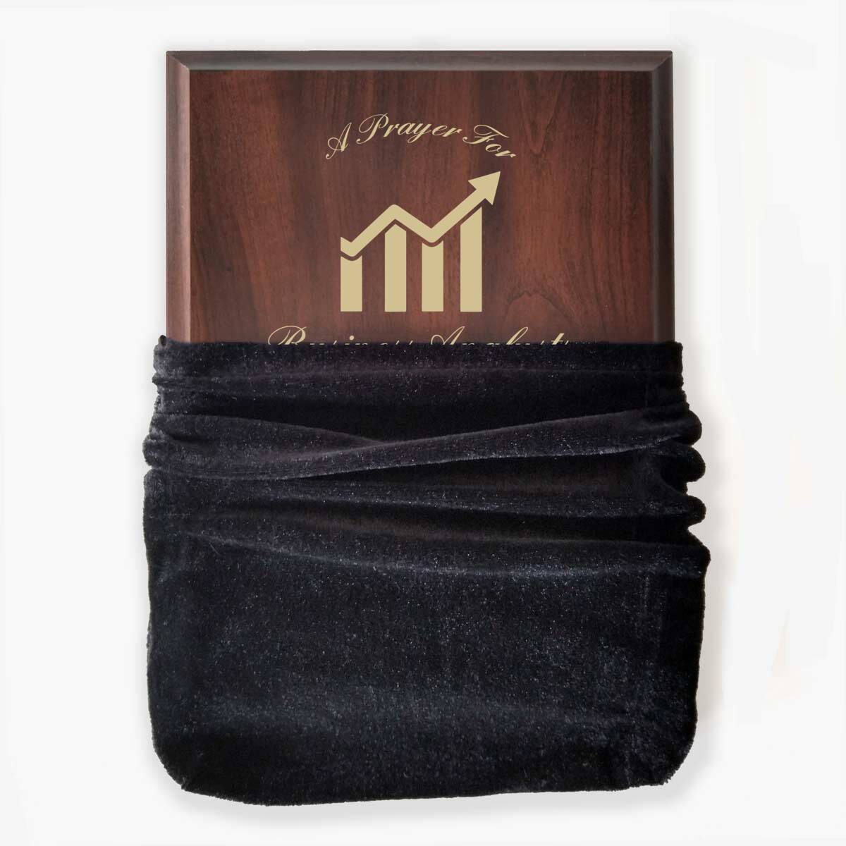 Photo of plaque inside the optional velvet gift bag, showing some of the printed design.