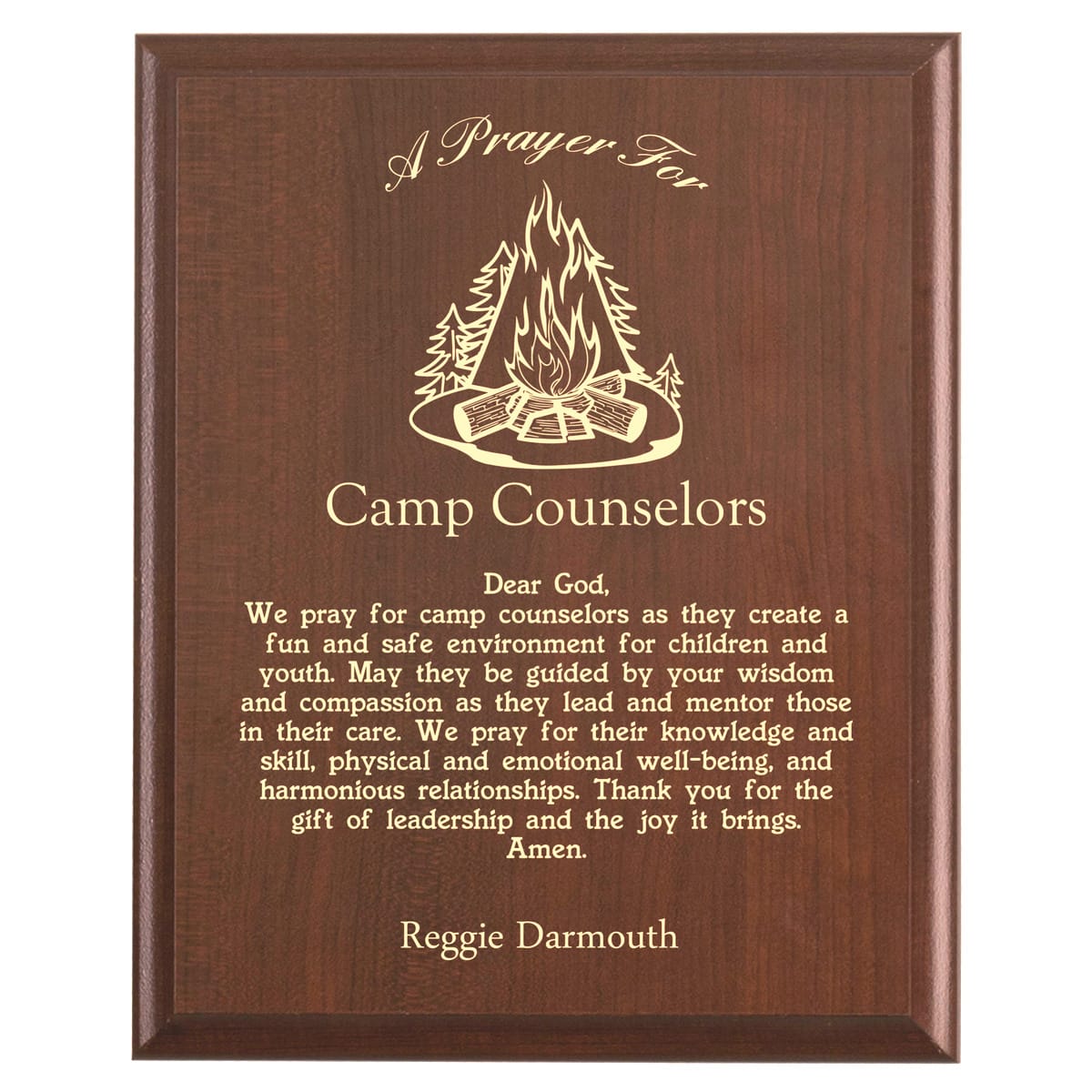 Plaque photo: Camp Counselor Prayer Plaque design with free personalization. Wood style finish with customized text.