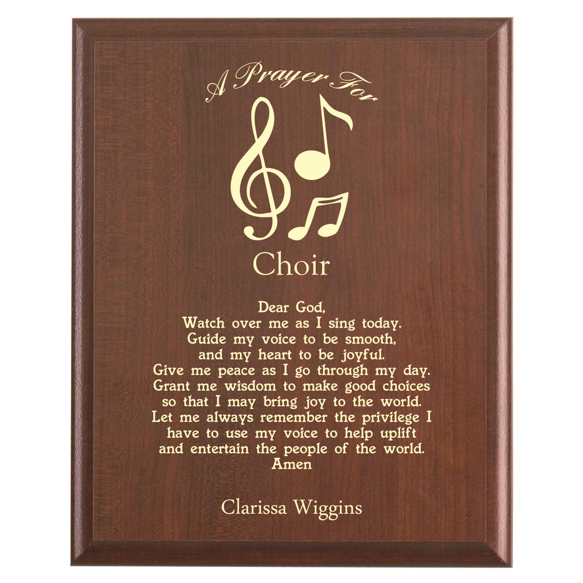 Plaque photo: Choir Singer Prayer Plaque design with free personalization. Wood style finish with customized text.