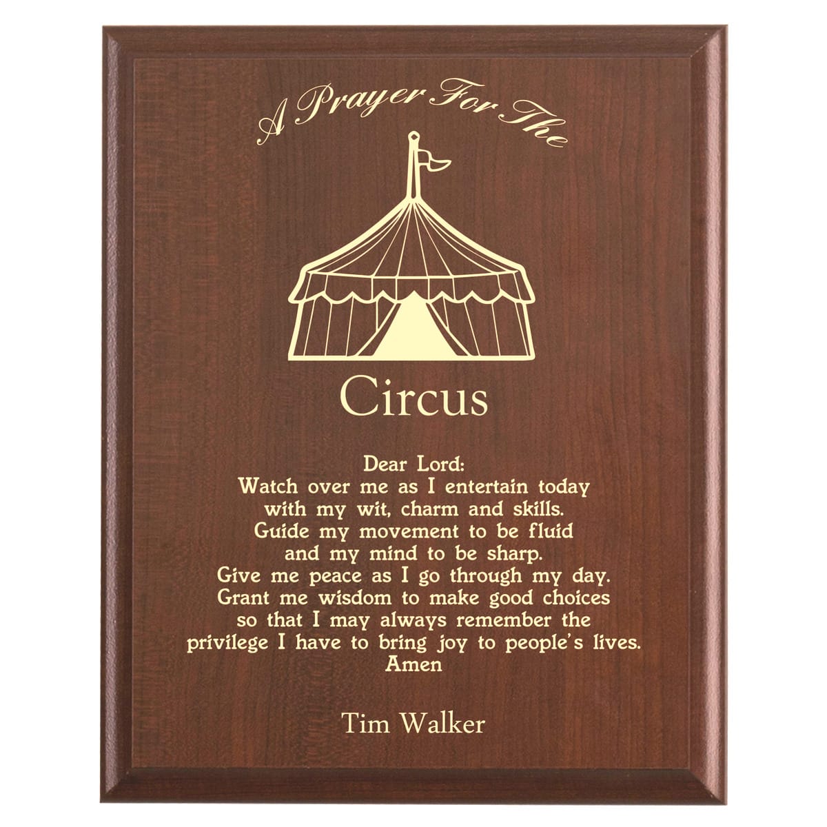 Plaque photo: Circus Prayer Plaque design with free personalization. Wood style finish with customized text.