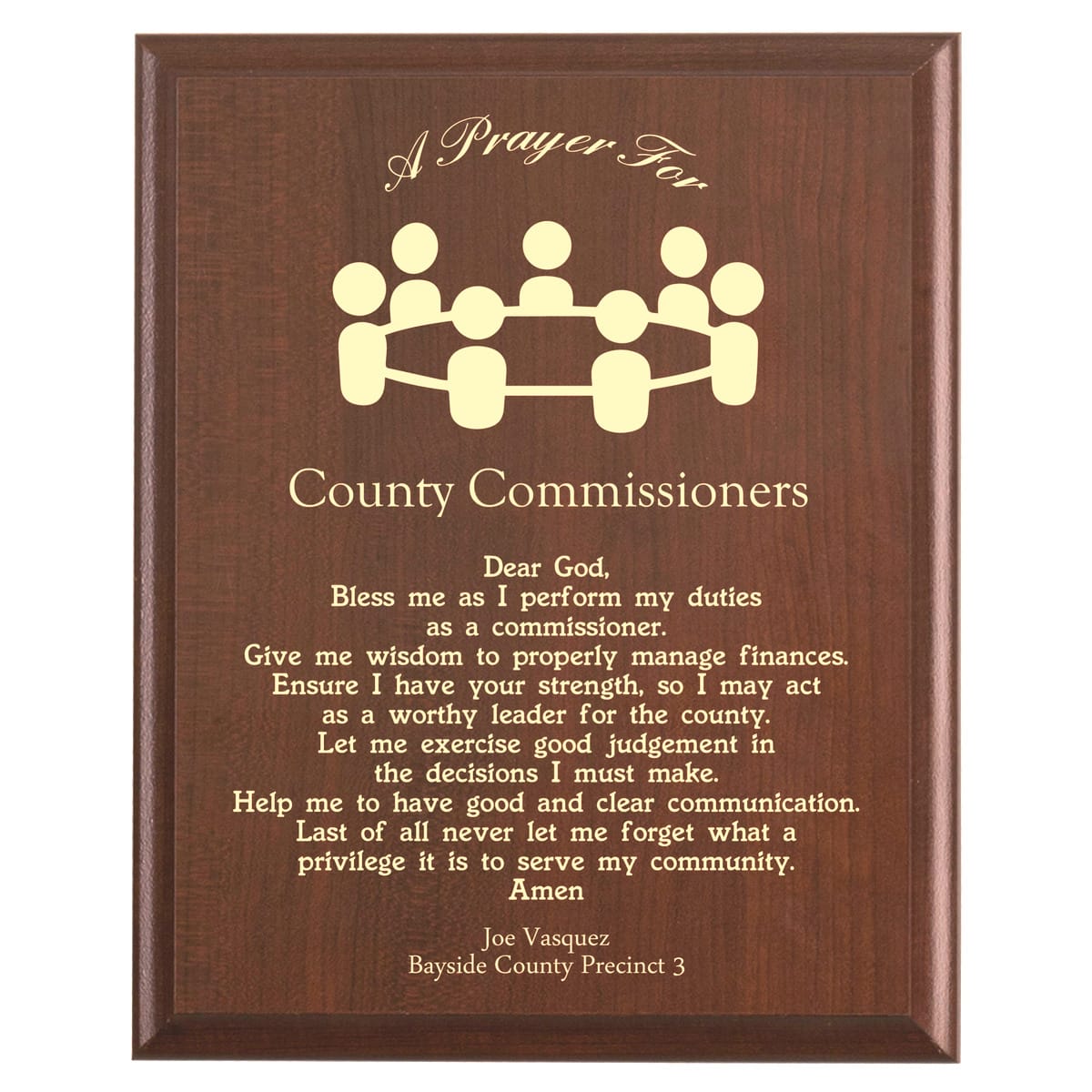Plaque photo: County Commissioner Prayer Plaque design with free personalization. Wood style finish with customized text.