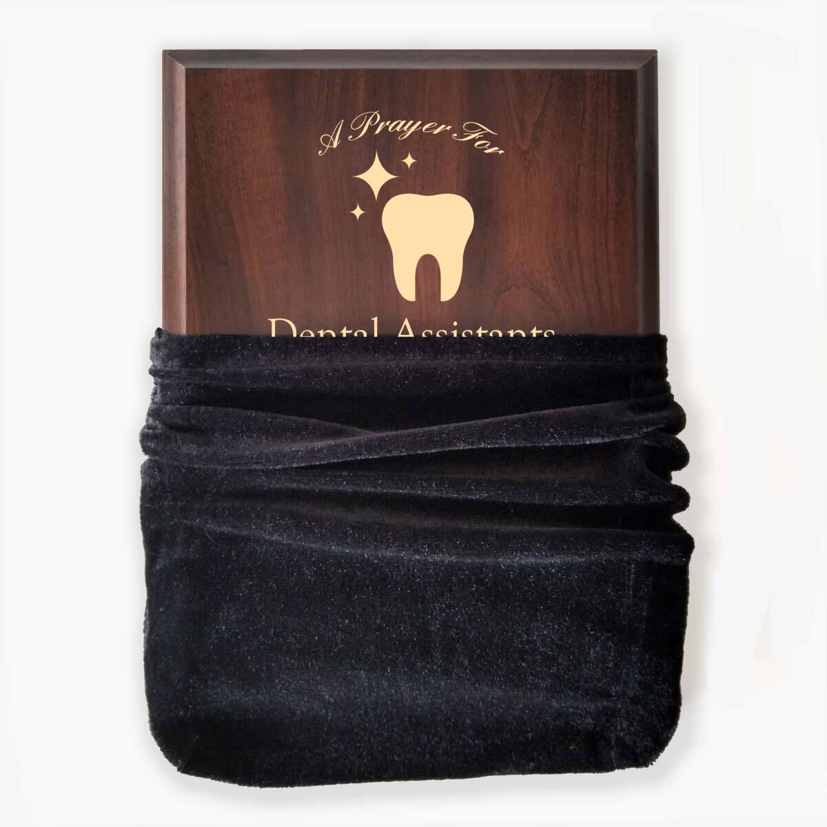 Photo of plaque inside the optional velvet gift bag, showing some of the printed design.