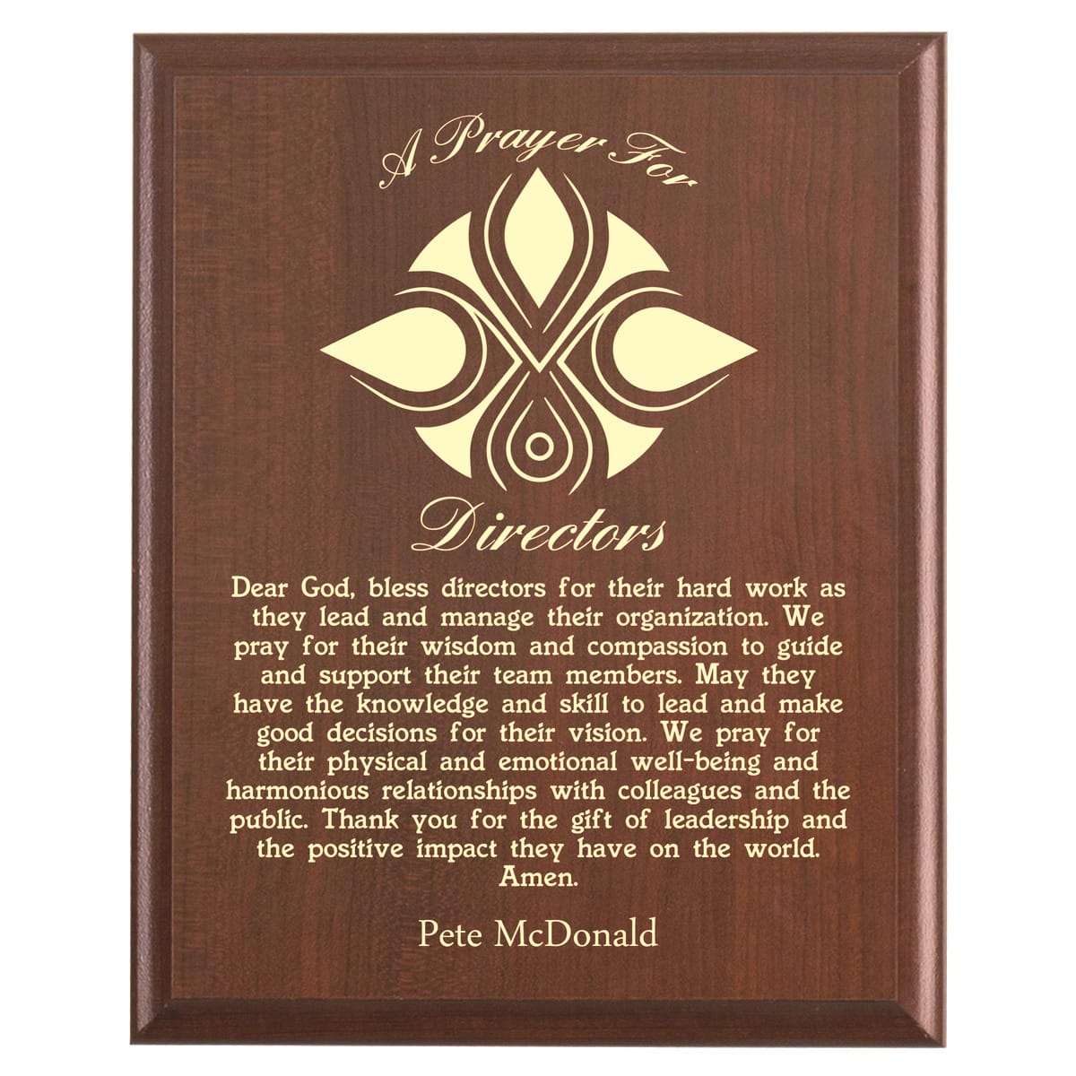 Plaque photo: Director Prayer Plaque design with free personalization. Wood style finish with customized text.