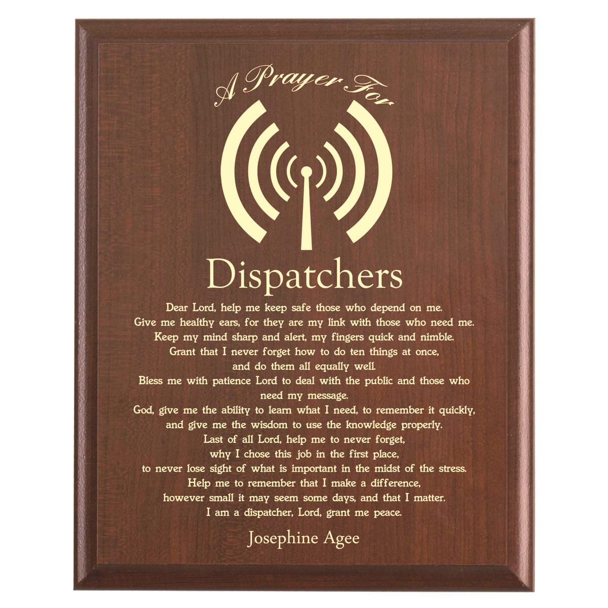 Plaque photo: Dispatcher Prayer Plaque design with free personalization. Wood style finish with customized text.