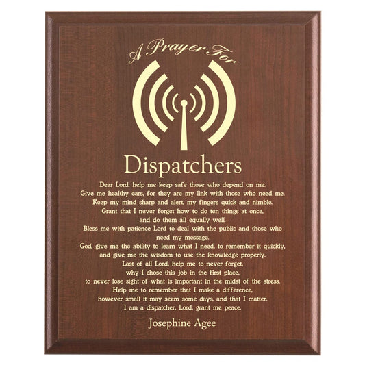 Plaque photo: Dispatcher Prayer Plaque design with free personalization. Wood style finish with customized text.