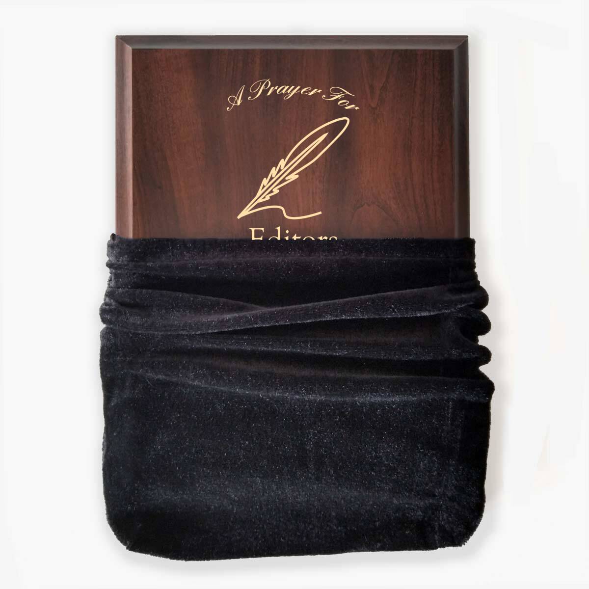 Photo of plaque inside the optional velvet gift bag, showing some of the printed design.