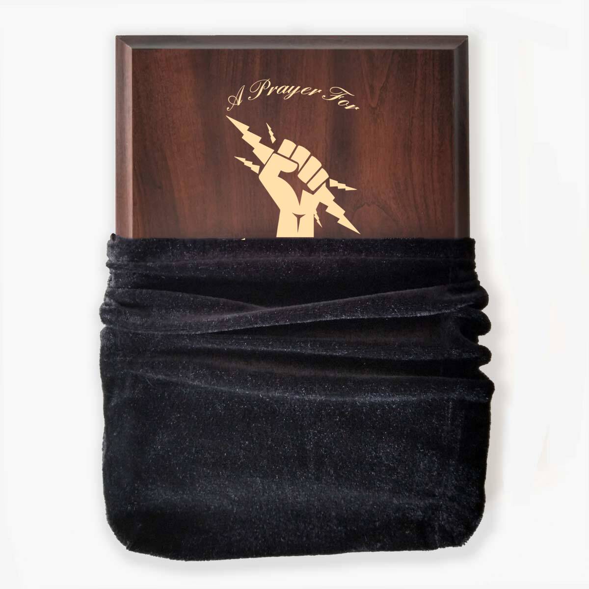 Photo of plaque inside the optional velvet gift bag, showing some of the printed design.