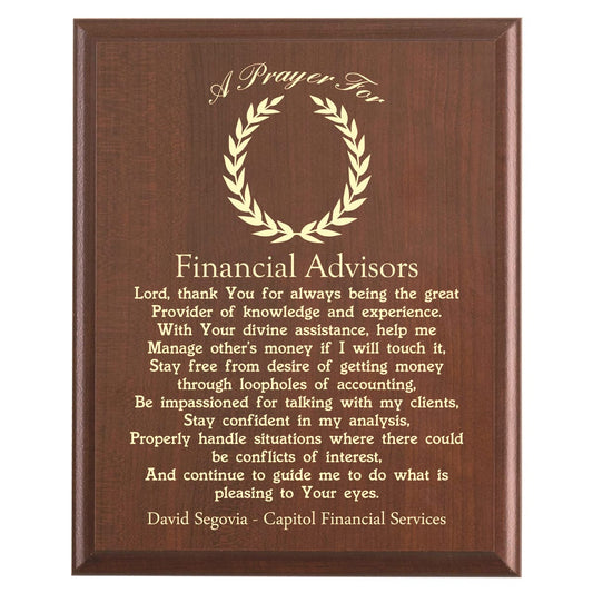 Plaque photo: Financial Advisor Prayer Plaque design with free personalization. Wood style finish with customized text.