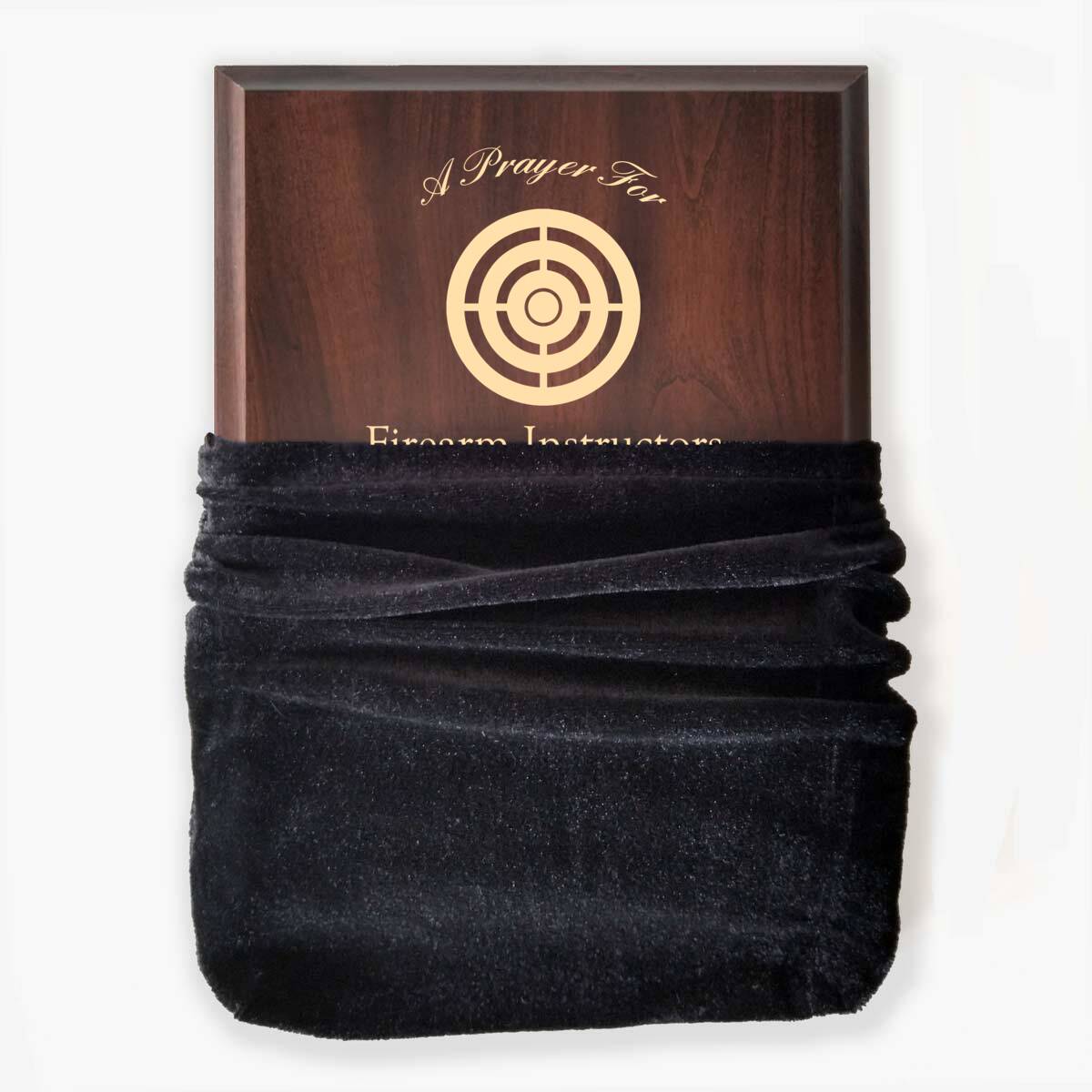 Photo of plaque inside the optional velvet gift bag, showing some of the printed design.