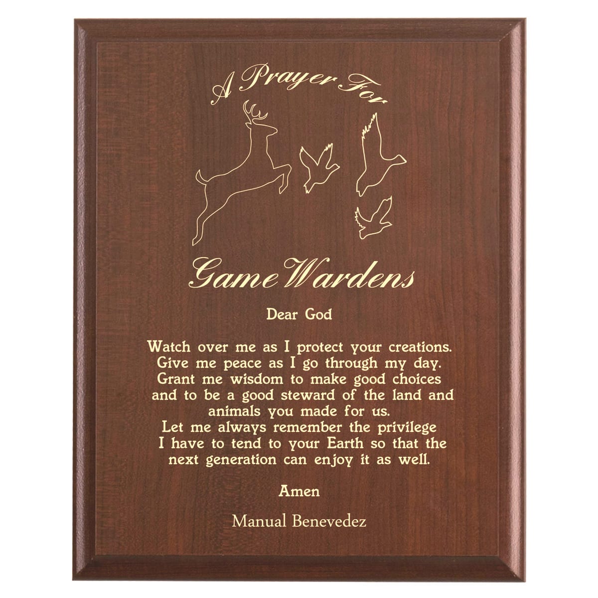 Plaque photo: Game Warden Prayer Plaque design with free personalization. Wood style finish with customized text.