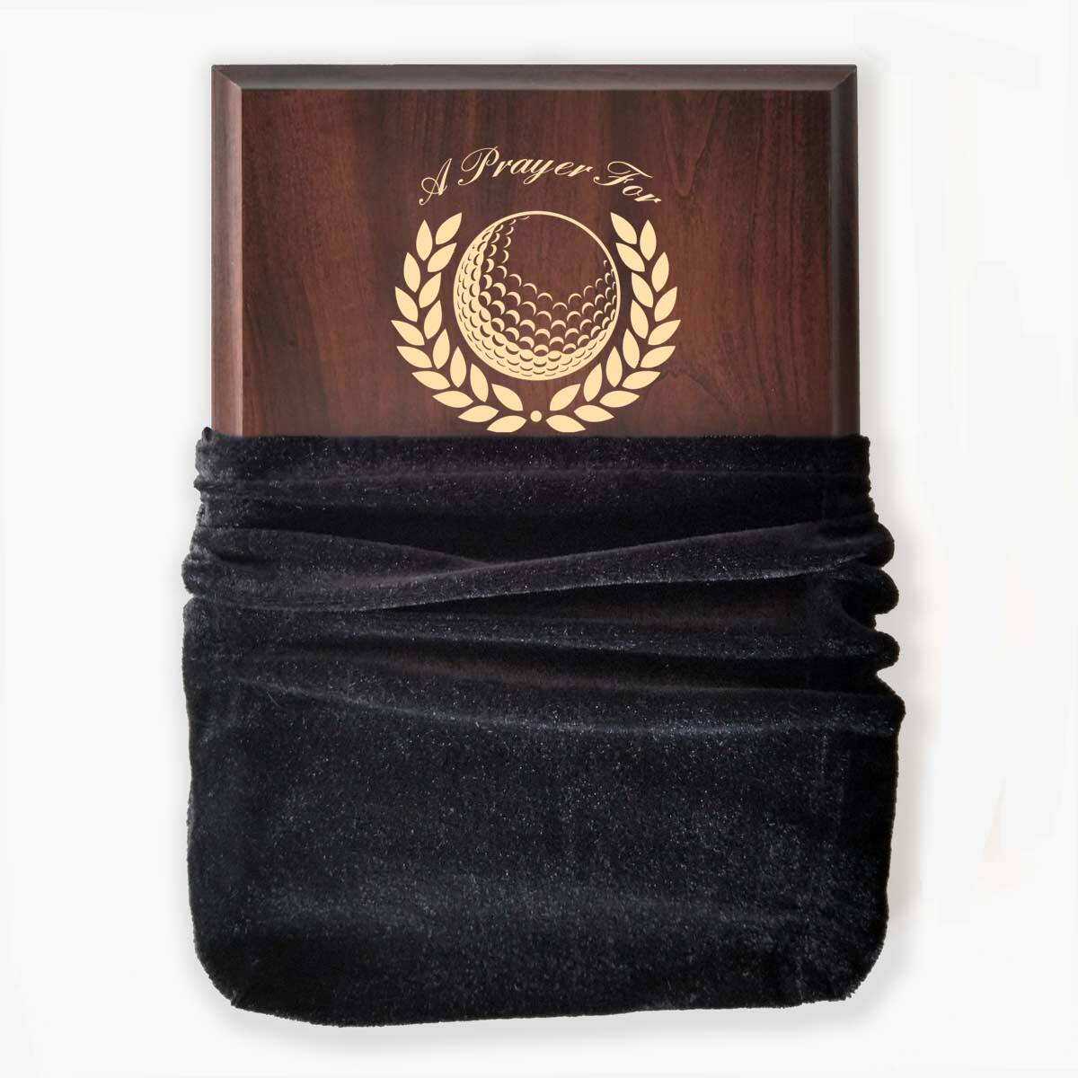 Photo of plaque inside the optional velvet gift bag, showing some of the printed design.