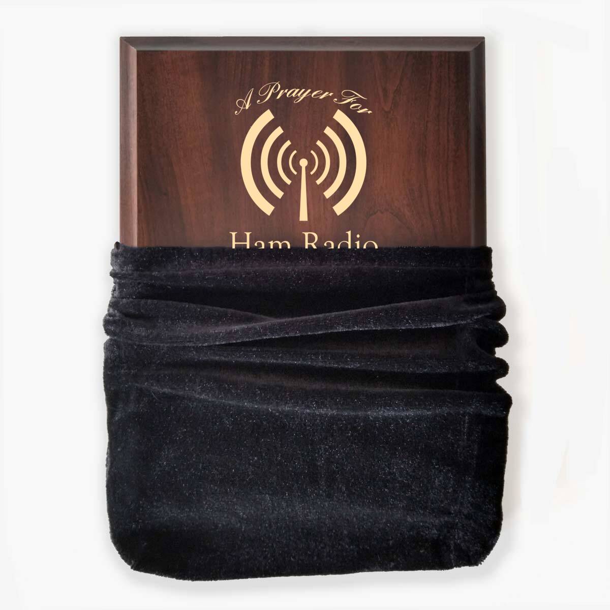 Photo of plaque inside the optional velvet gift bag, showing some of the printed design.