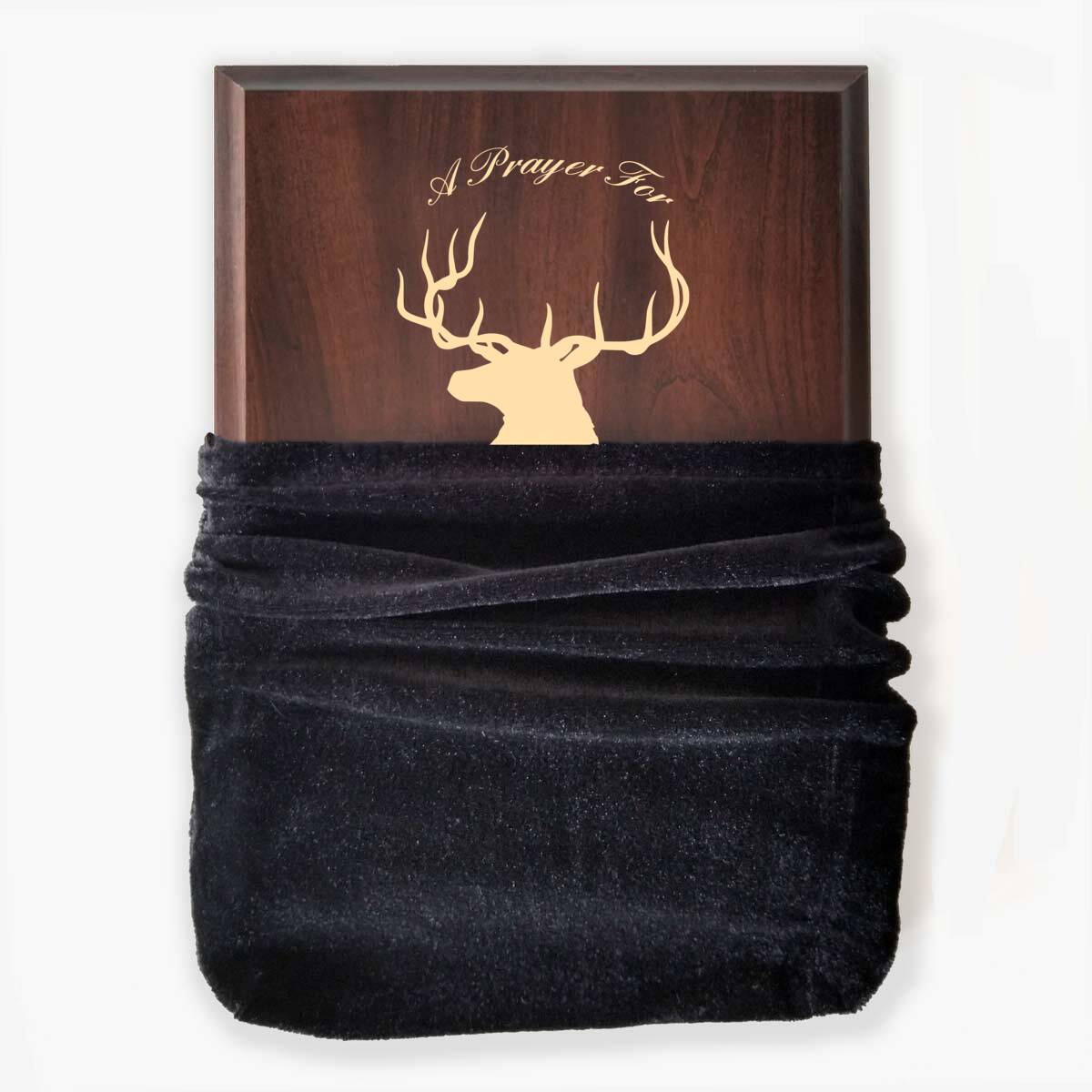 Photo of plaque inside the optional velvet gift bag, showing some of the printed design.