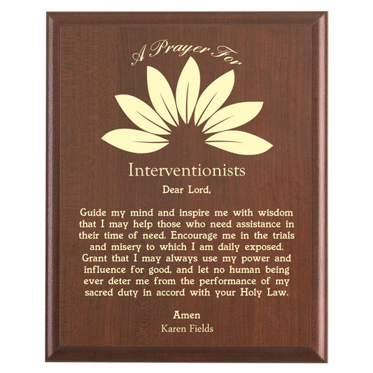 Plaque photo: Interventionist Prayer Plaque design with free personalization. Wood style finish with customized text.