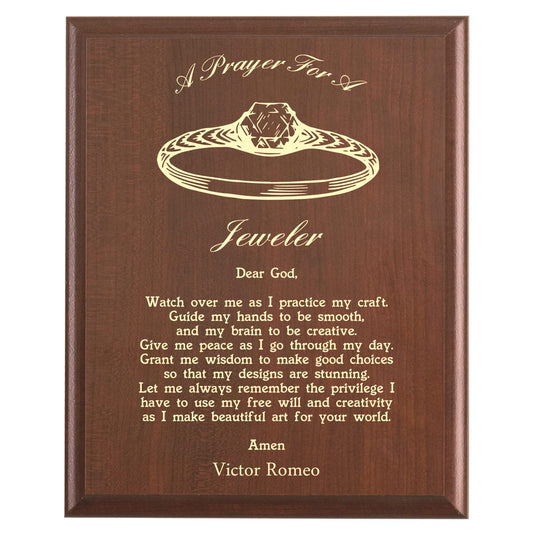 Plaque photo: Jeweler Prayer Plaque design with free personalization. Wood style finish with customized text.