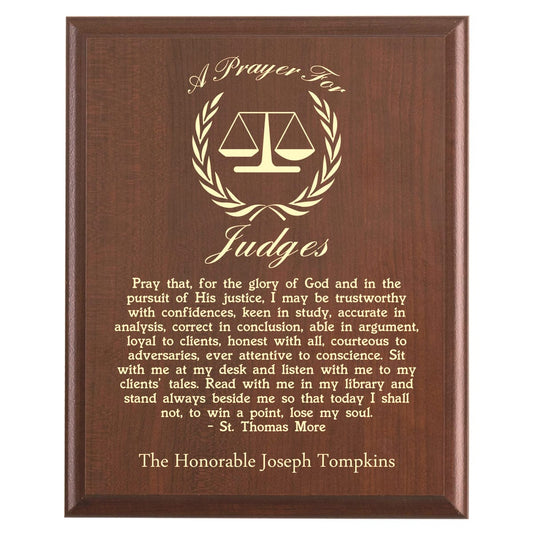 Plaque photo: Judge Prayer Plaque design with free personalization. Wood style finish with customized text.
