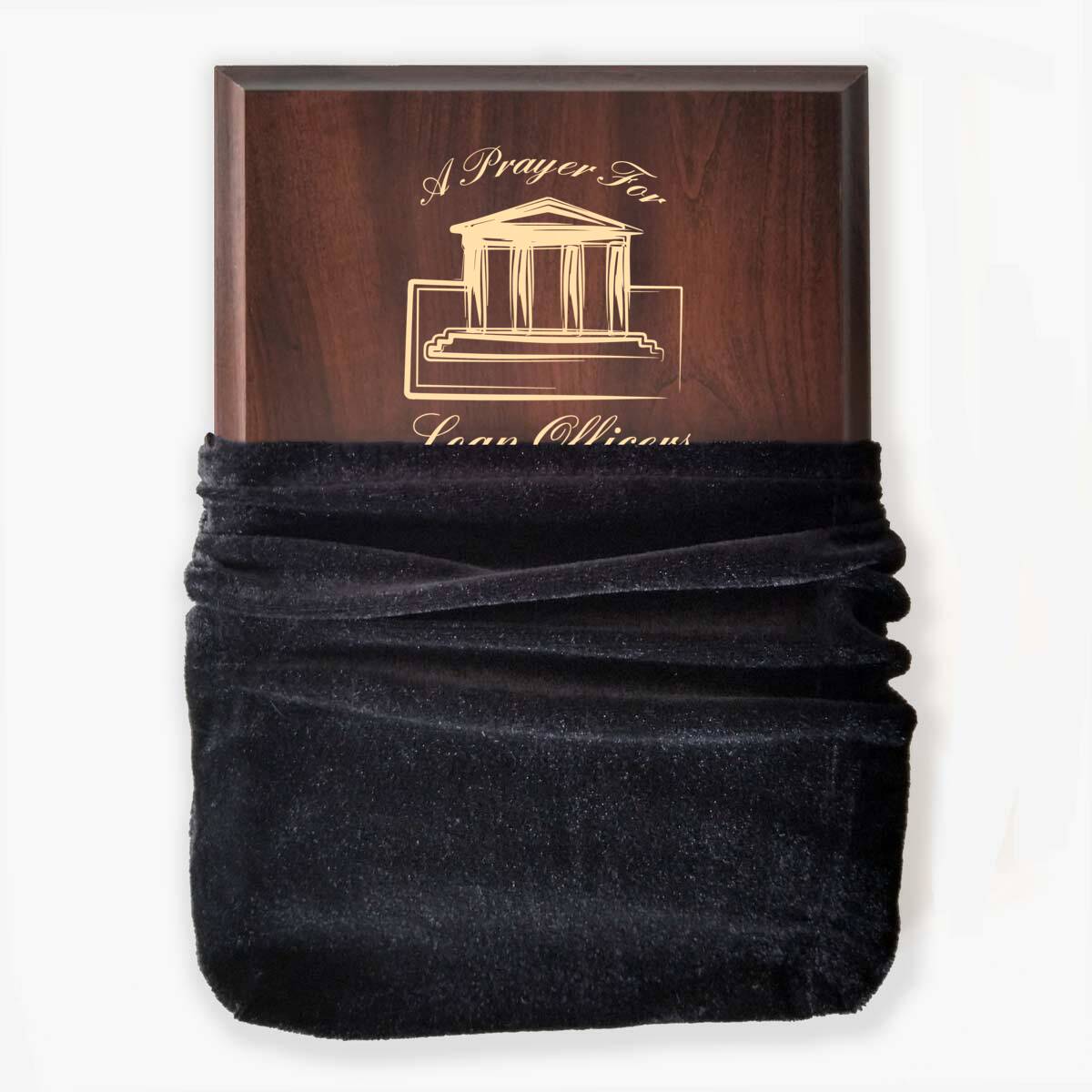 Photo of plaque inside the optional velvet gift bag, showing some of the printed design.