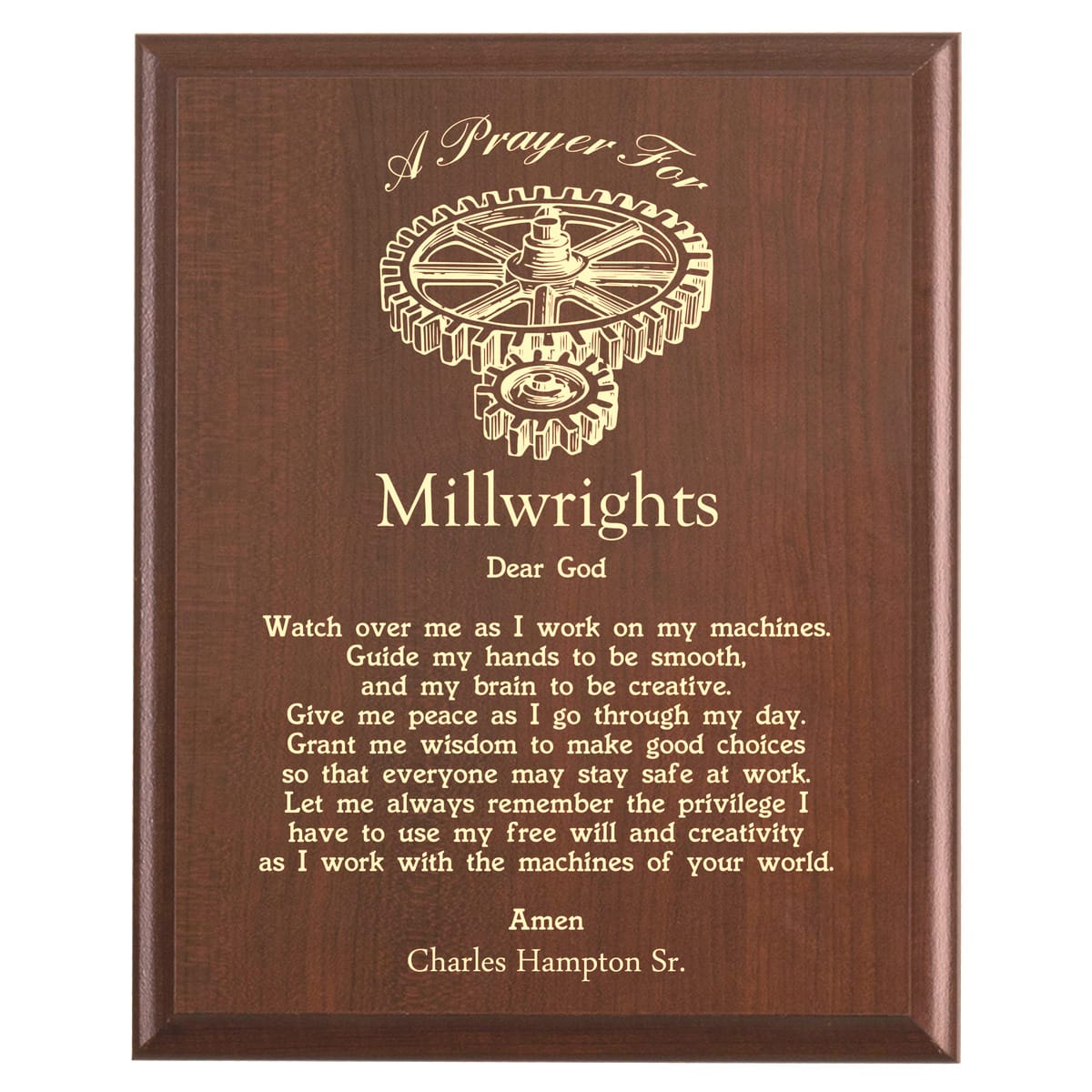 Plaque photo: Millwright Prayer Plaque design with free personalization. Wood style finish with customized text.