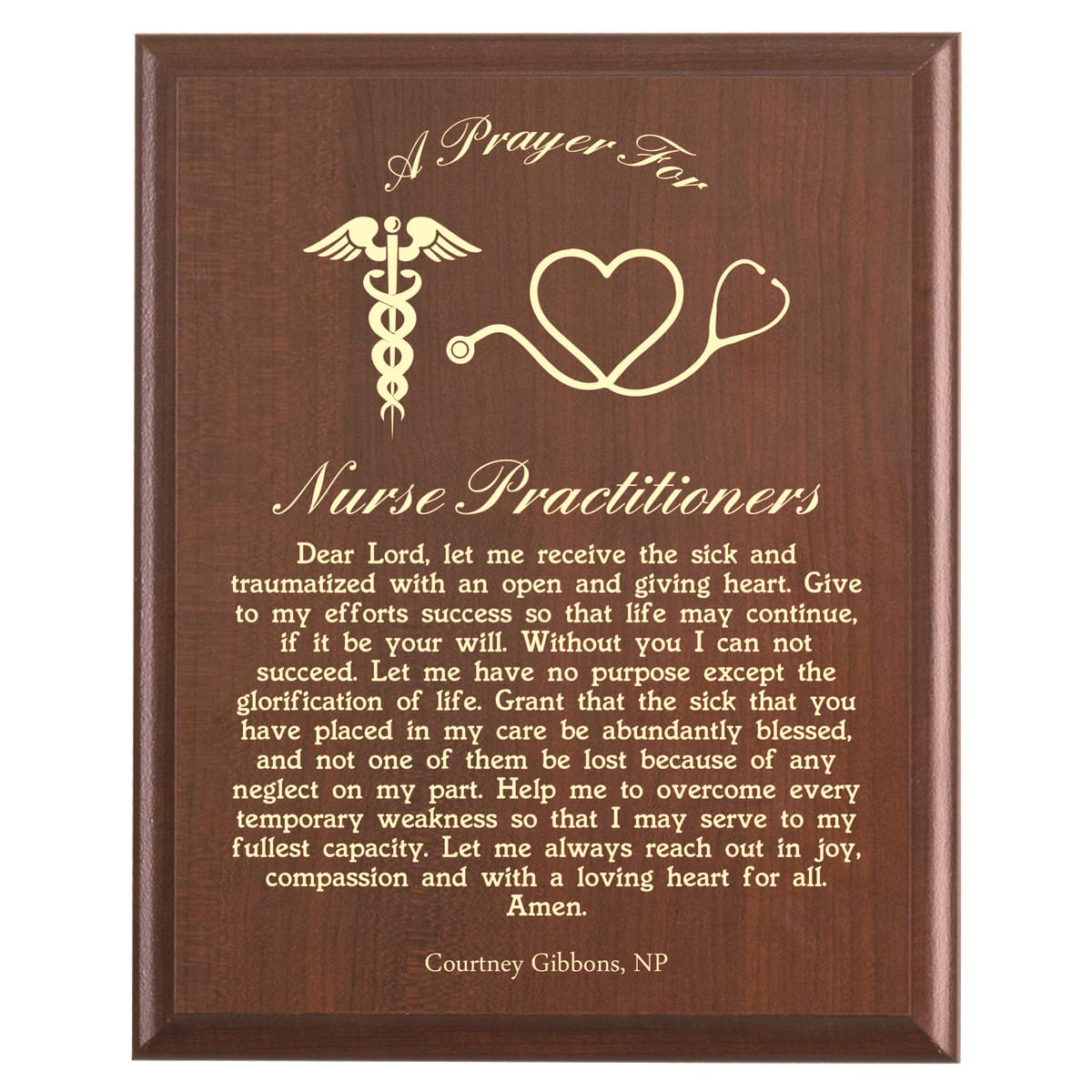 Plaque photo: Nurse Practitioner Prayer Plaque design with free personalization. Wood style finish with customized text.