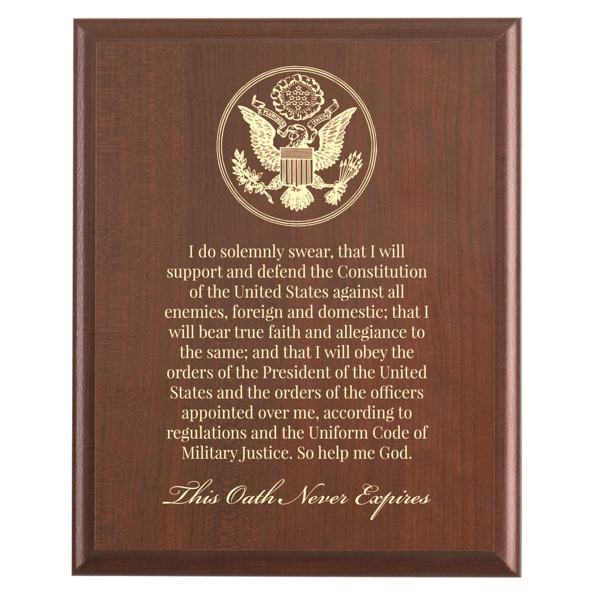 Plaque photo: Oath of Enlistment Military Plaque design with free personalization. Wood style finish with customized text.