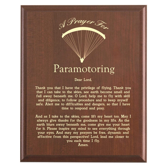 Plaque photo: Paramotor Prayer Plaque design with free personalization. Wood style finish with customized text.