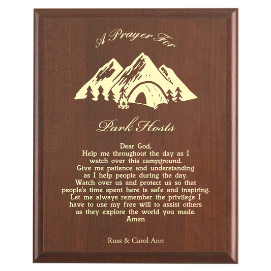 Plaque photo: Park Host Prayer Plaque design with free personalization. Wood style finish with customized text.