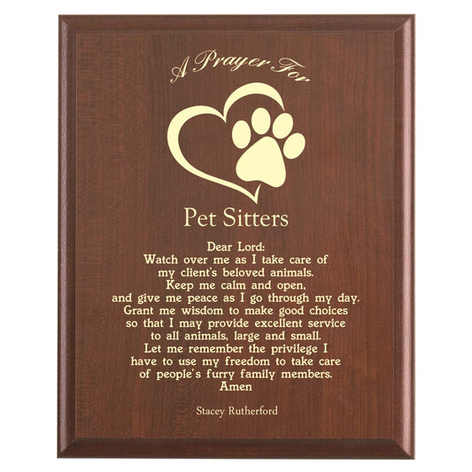 Plaque photo: Pet Sitter Prayer Plaque design with free personalization. Wood style finish with customized text.