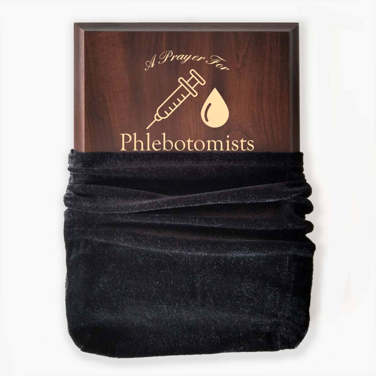 Photo of plaque inside the optional velvet gift bag, showing some of the printed design.