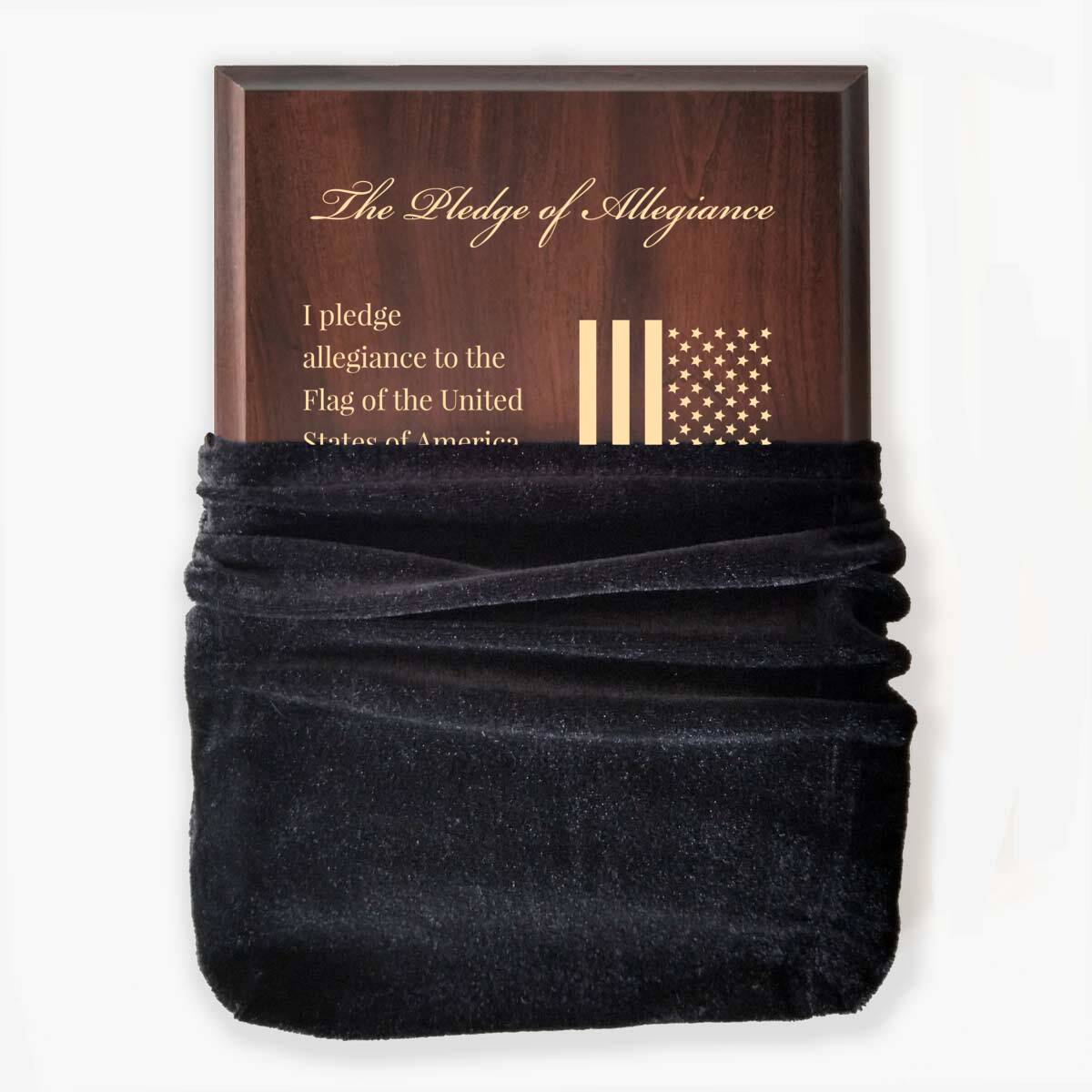 Photo of plaque inside the optional velvet gift bag, showing some of the printed design.