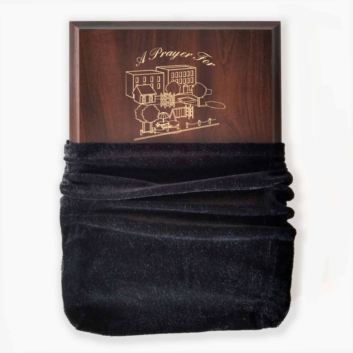 Photo of plaque inside the optional velvet gift bag, showing some of the printed design.