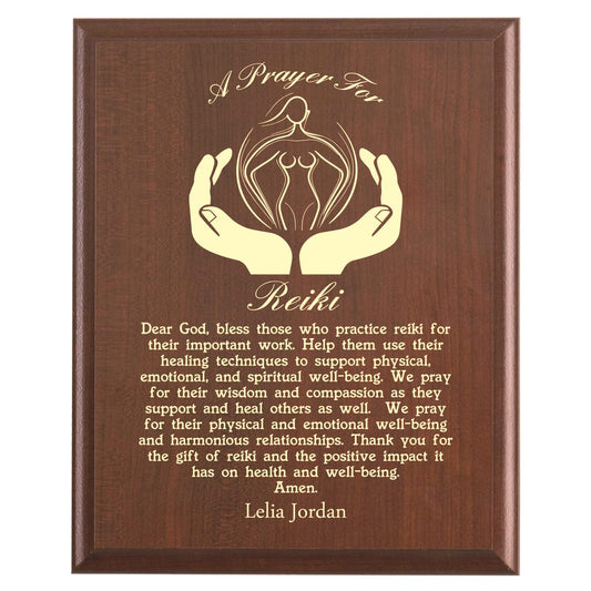 Plaque photo: Reiki Practitioner Prayer Plaque design with free personalization. Wood style finish with customized text.