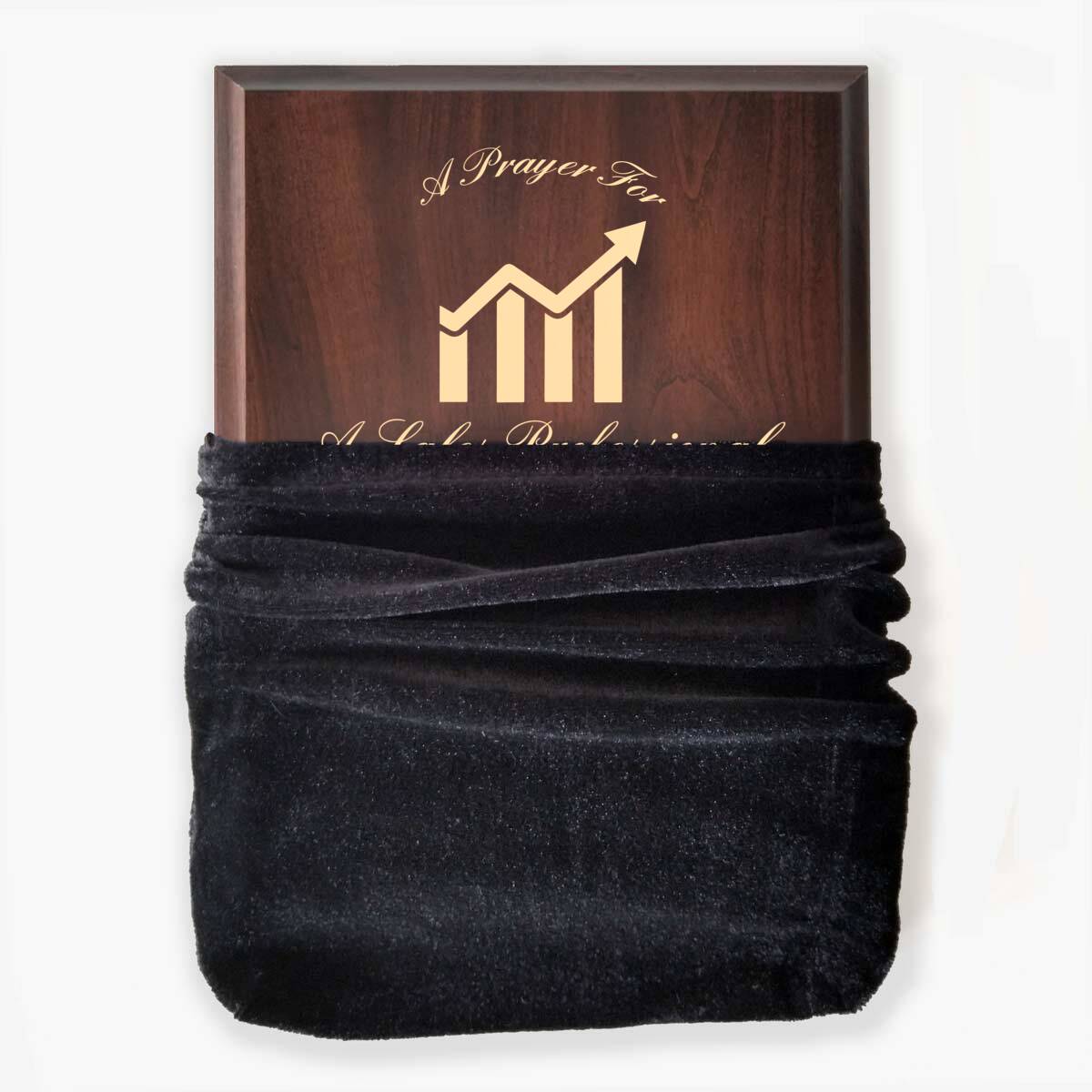 Photo of plaque inside the optional velvet gift bag, showing some of the printed design.