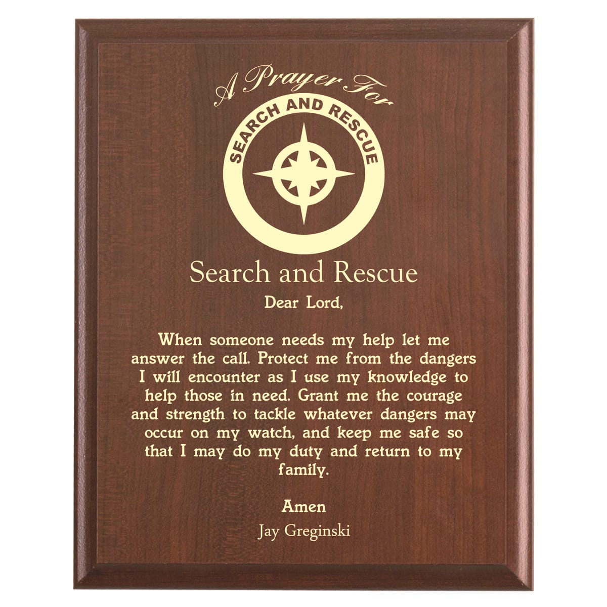 Plaque photo: Search & Rescue Prayer Plaque design with free personalization. Wood style finish with customized text.