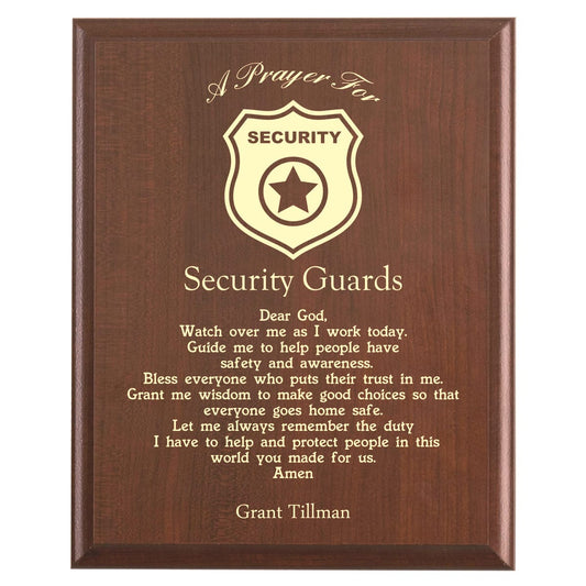 Plaque photo: Security Guard Prayer Plaque design with free personalization. Wood style finish with customized text.
