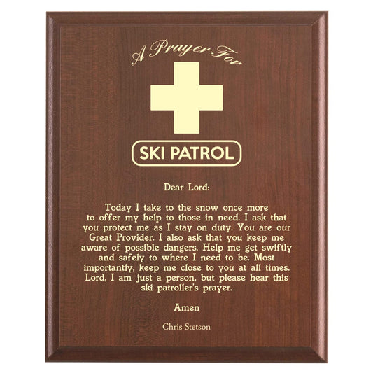 Plaque photo: Ski Patrol Prayer Plaque design with free personalization. Wood style finish with customized text.