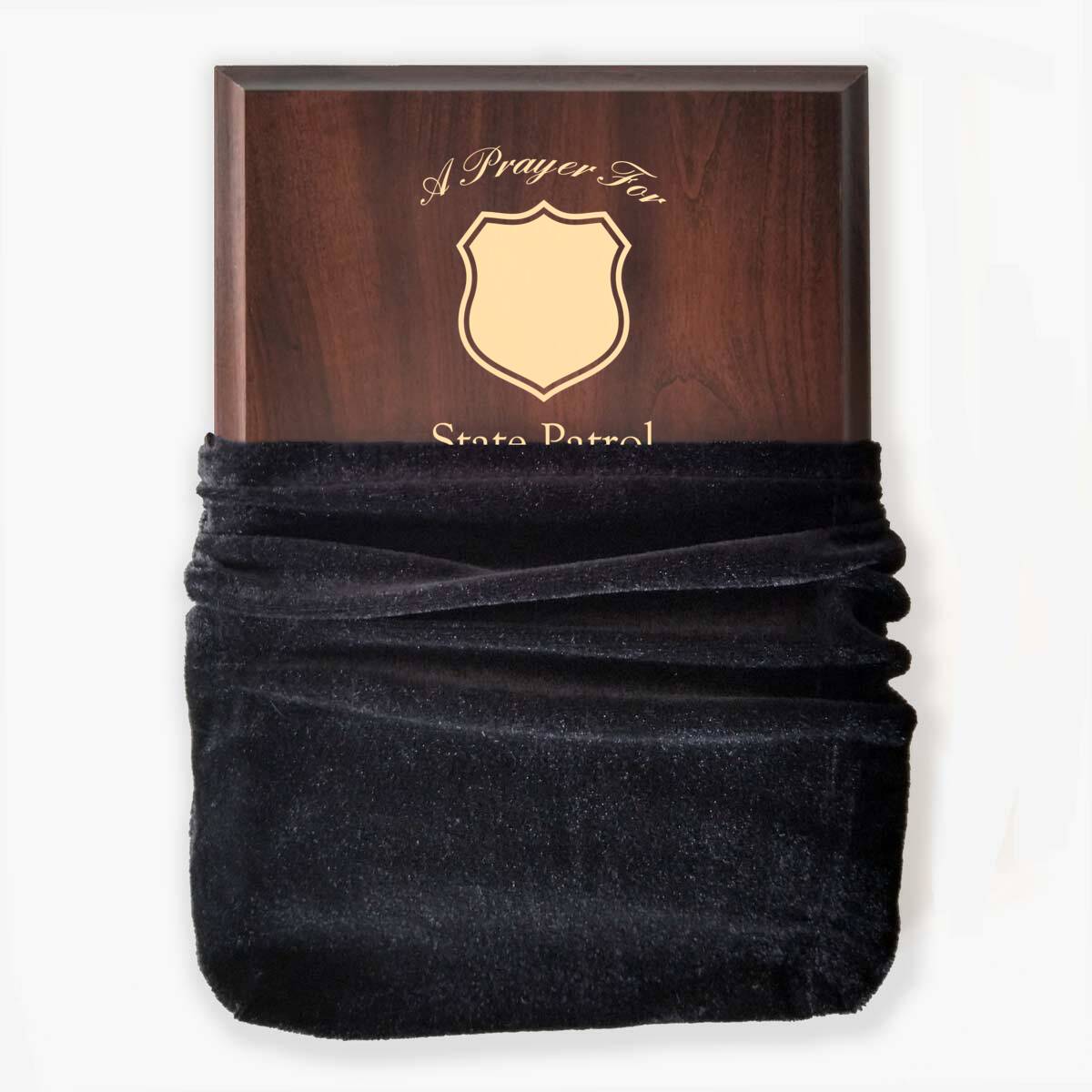 Photo of plaque inside the optional velvet gift bag, showing some of the printed design.
