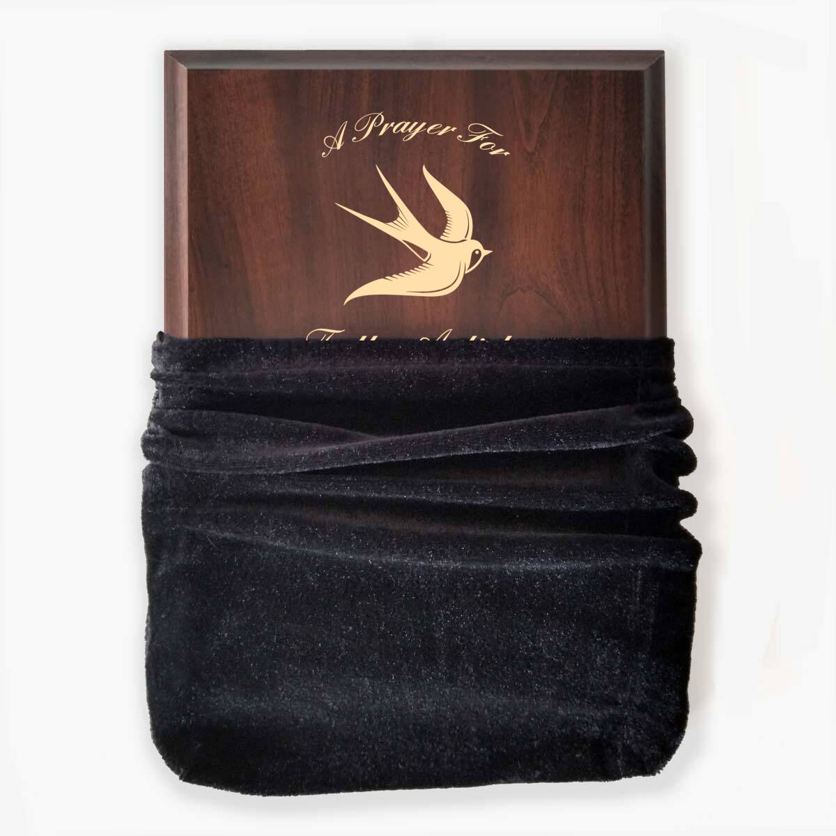 Photo of plaque inside the optional velvet gift bag, showing some of the printed design.