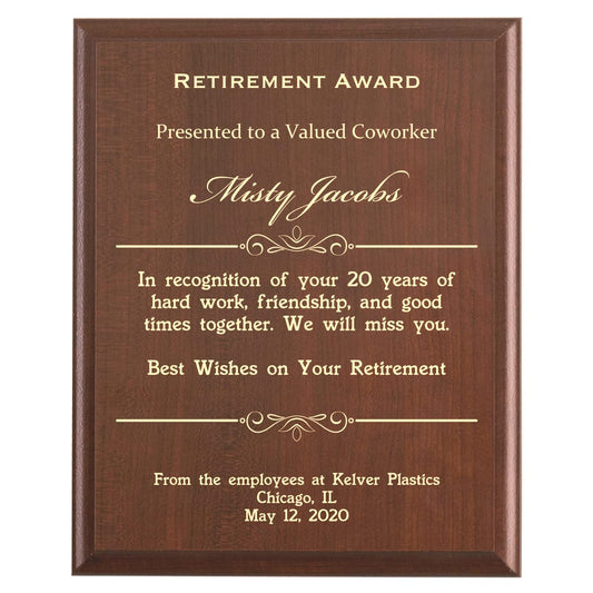 Plaque photo: Coworker Retirement Award design with free personalization. Wood style finish with customized text.