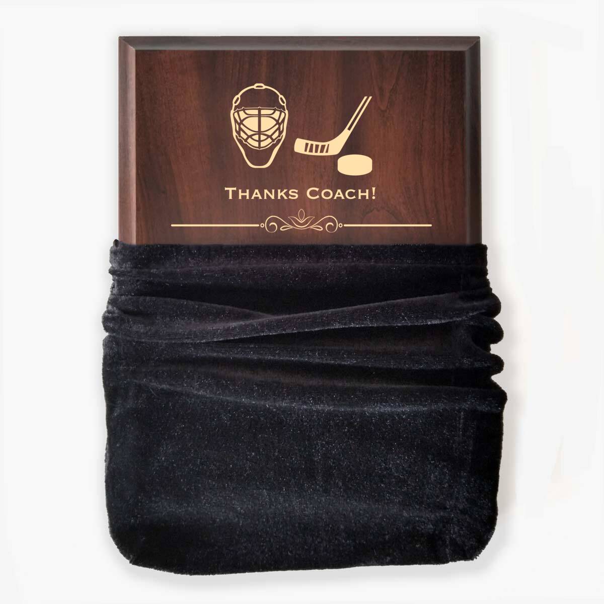Photo of plaque inside the optional velvet gift bag, showing some of the printed design.