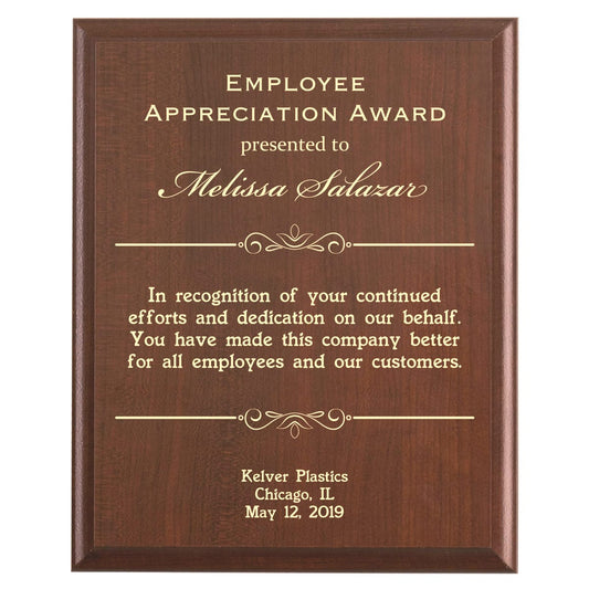 Plaque photo: Employee Appreciation Award design with free personalization. Wood style finish with customized text.