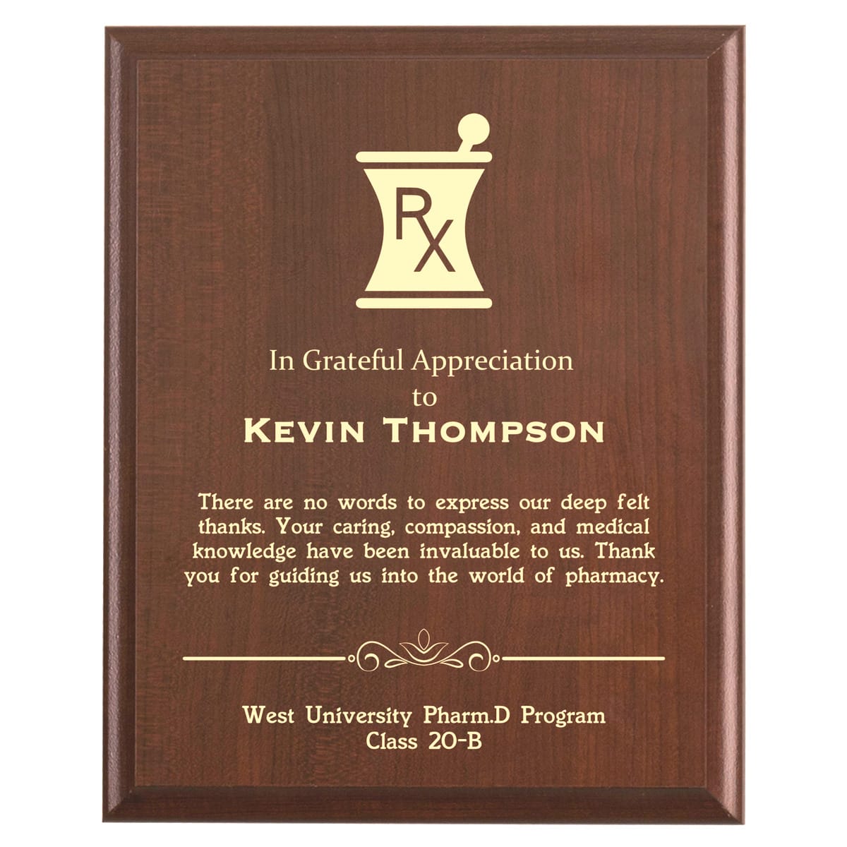 Plaque photo: Pharmacy Preceptor Thank You Plaque design with free personalization. Wood style finish with customized text.
