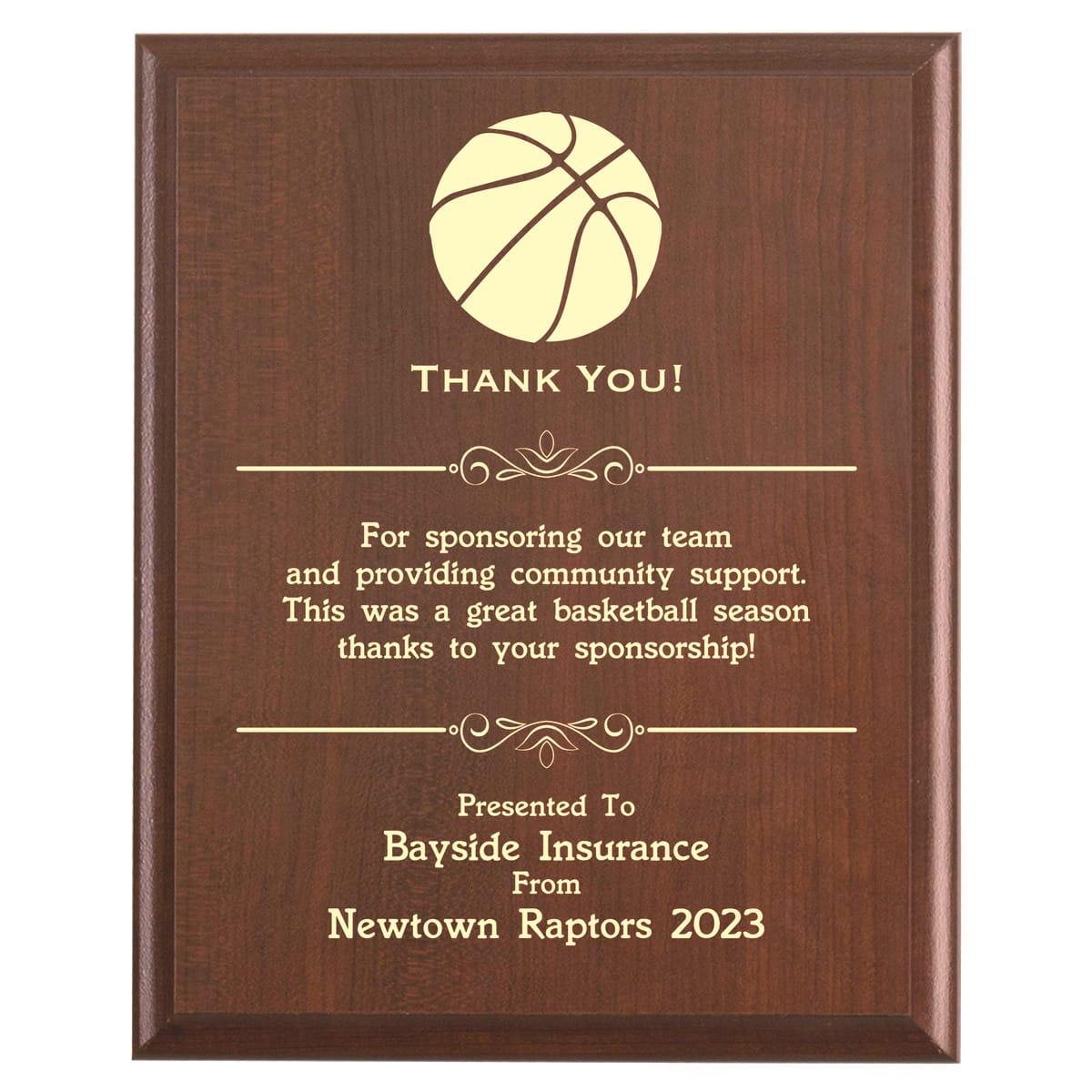 Plaque photo: Basketball Sponsor Thank You Gift design with free personalization. Wood style finish with customized text.