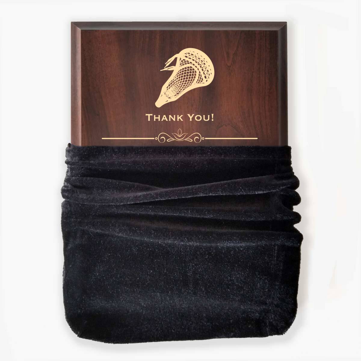Photo of plaque inside the optional velvet gift bag, showing some of the printed design.
