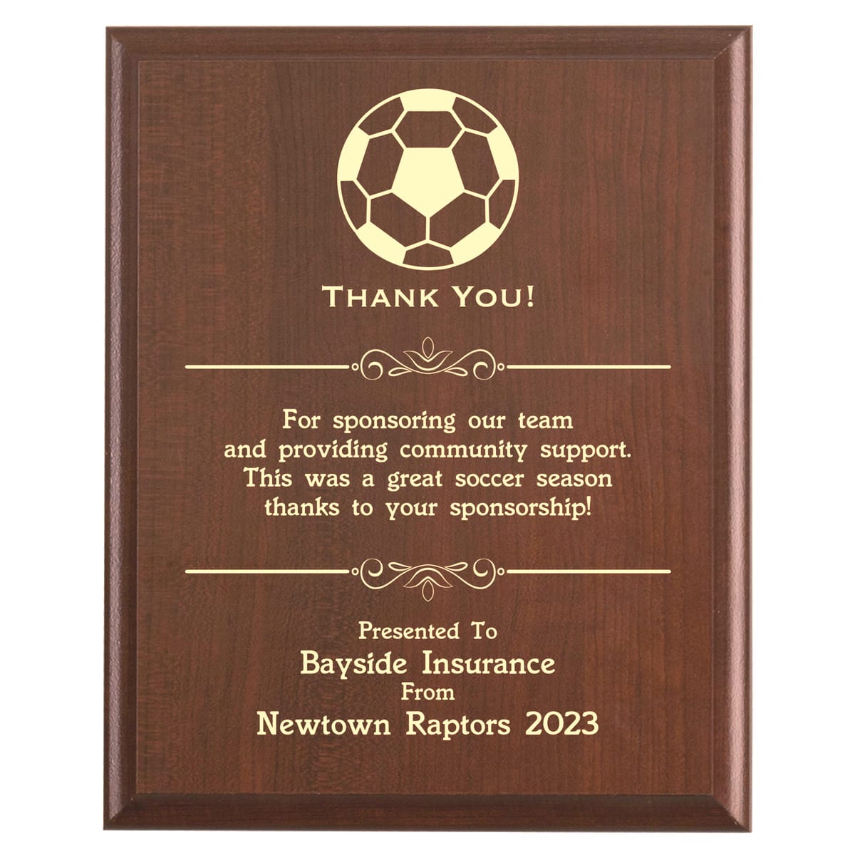 Plaque photo: Soccer Sponsor Thank You Gift design with free personalization. Wood style finish with customized text.
