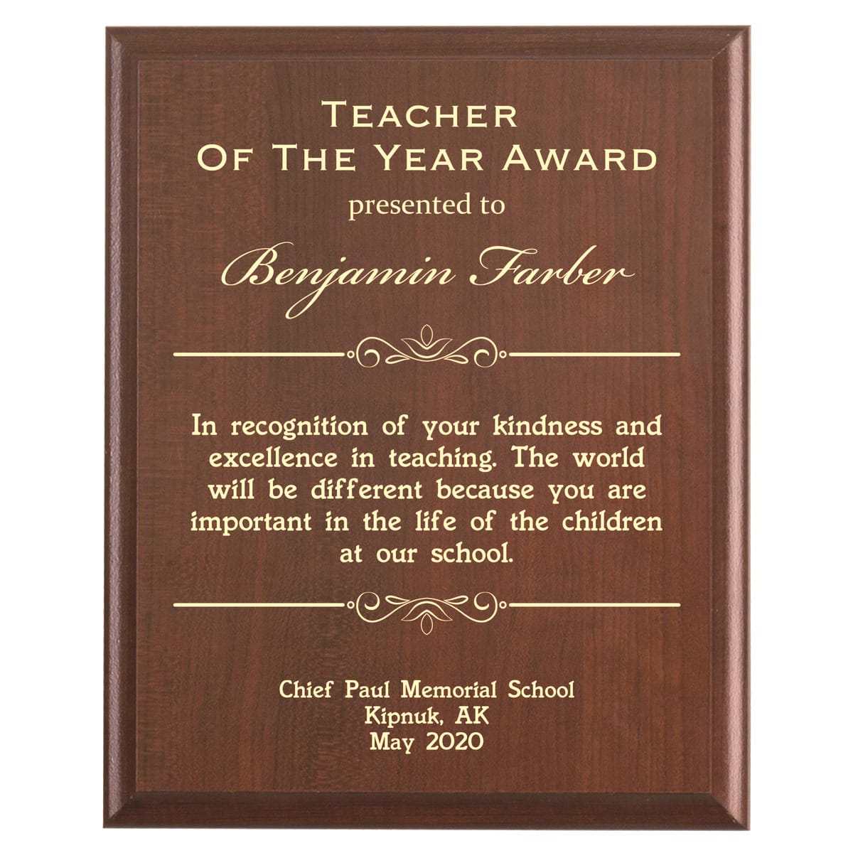 Teacher of the Year Gift Plaque End of School Year Recognition Award