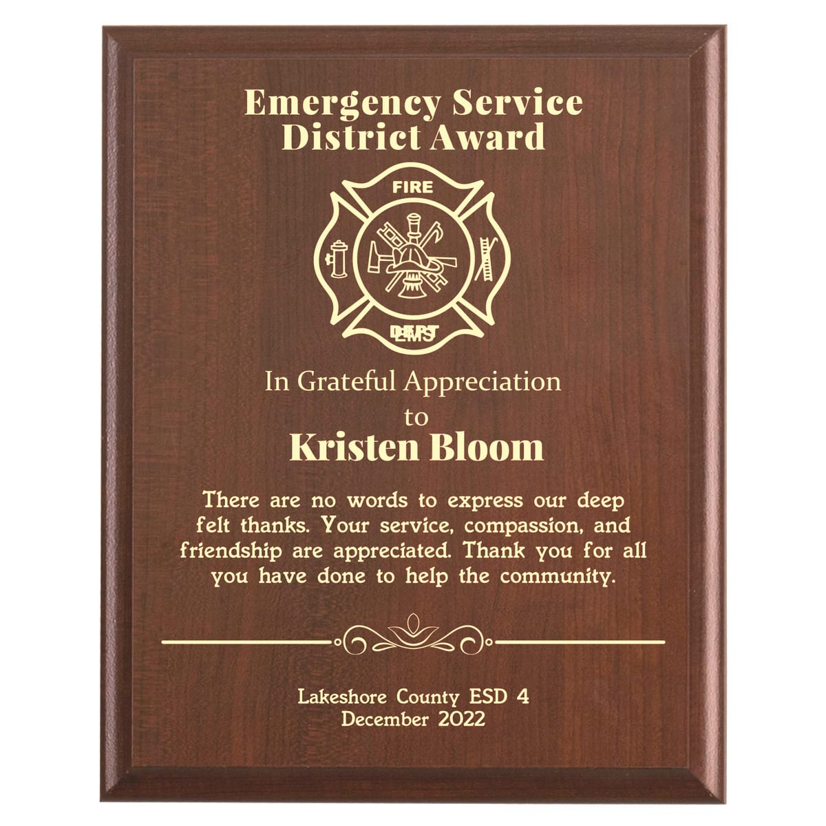 Plaque photo: ESD Emergency Service District Award Plaque design with free personalization. Wood style finish with customized text.